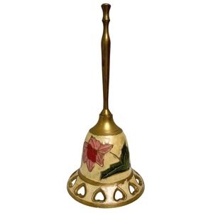 Vintage Brass Hand Bell Cloisonne Enamel Floral‎ Painted Accent Table Decor